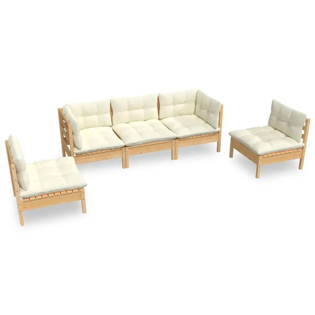 5 Piece Modular Outdoor Garden Lounge Set with Cream Cushions Solid Pinewood Construction