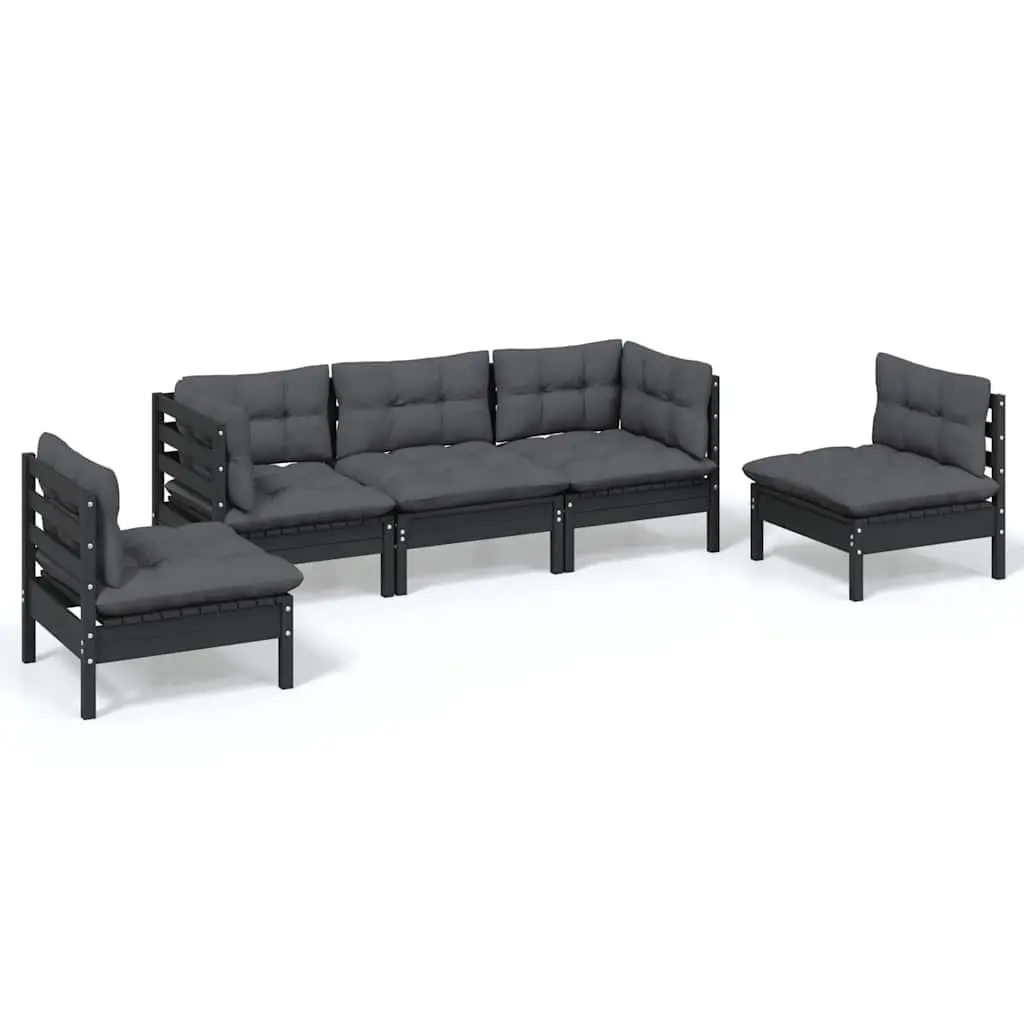 5 Piece Modular Garden Lounge Set Outdoor Furniture Solid Pinewood Black with Cushions
