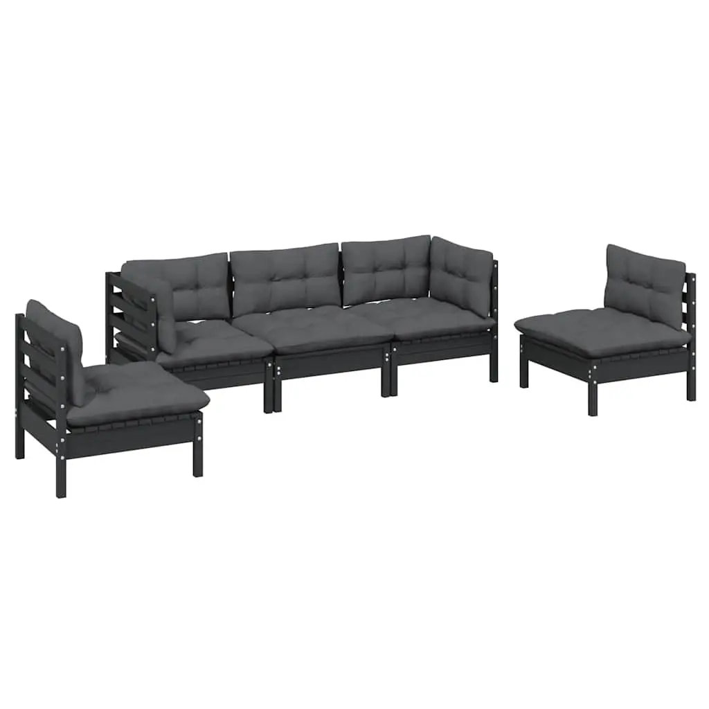 5 Piece Modular Garden Lounge Set Outdoor Furniture Solid Pinewood Black with Cushions