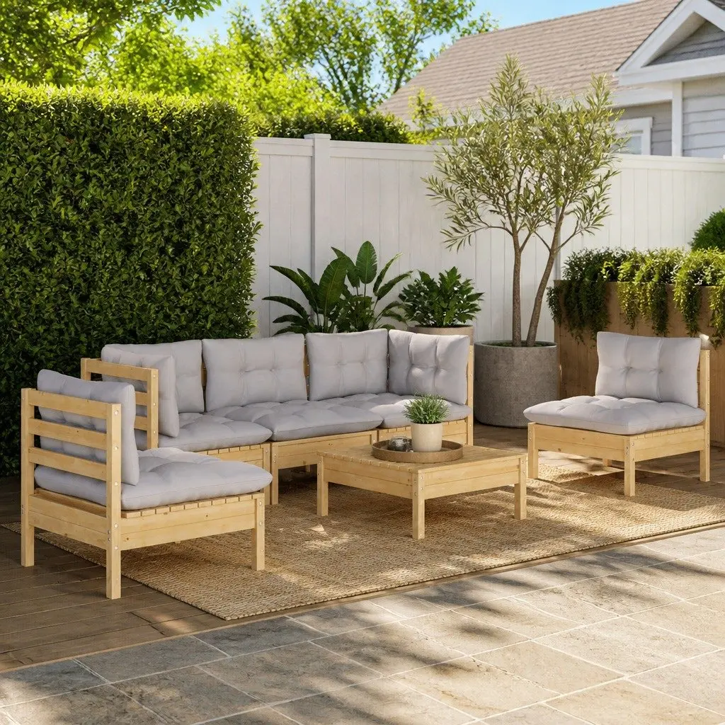 Garden Lounge Set Solid Pinewood 6 Piece Outdoor Patio Furniture with Grey Cushions