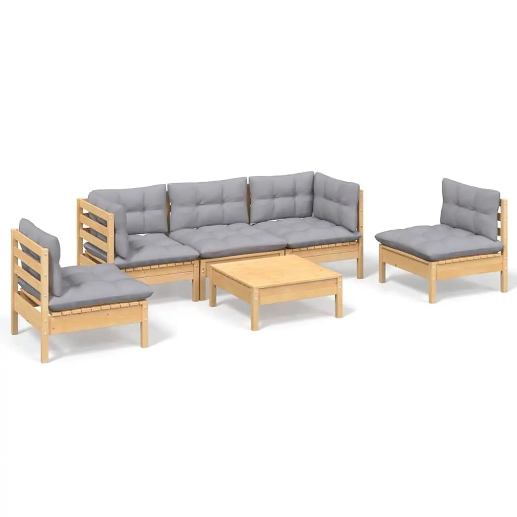 Garden Lounge Set Solid Pinewood 6 Piece Outdoor Patio Furniture with Grey Cushions