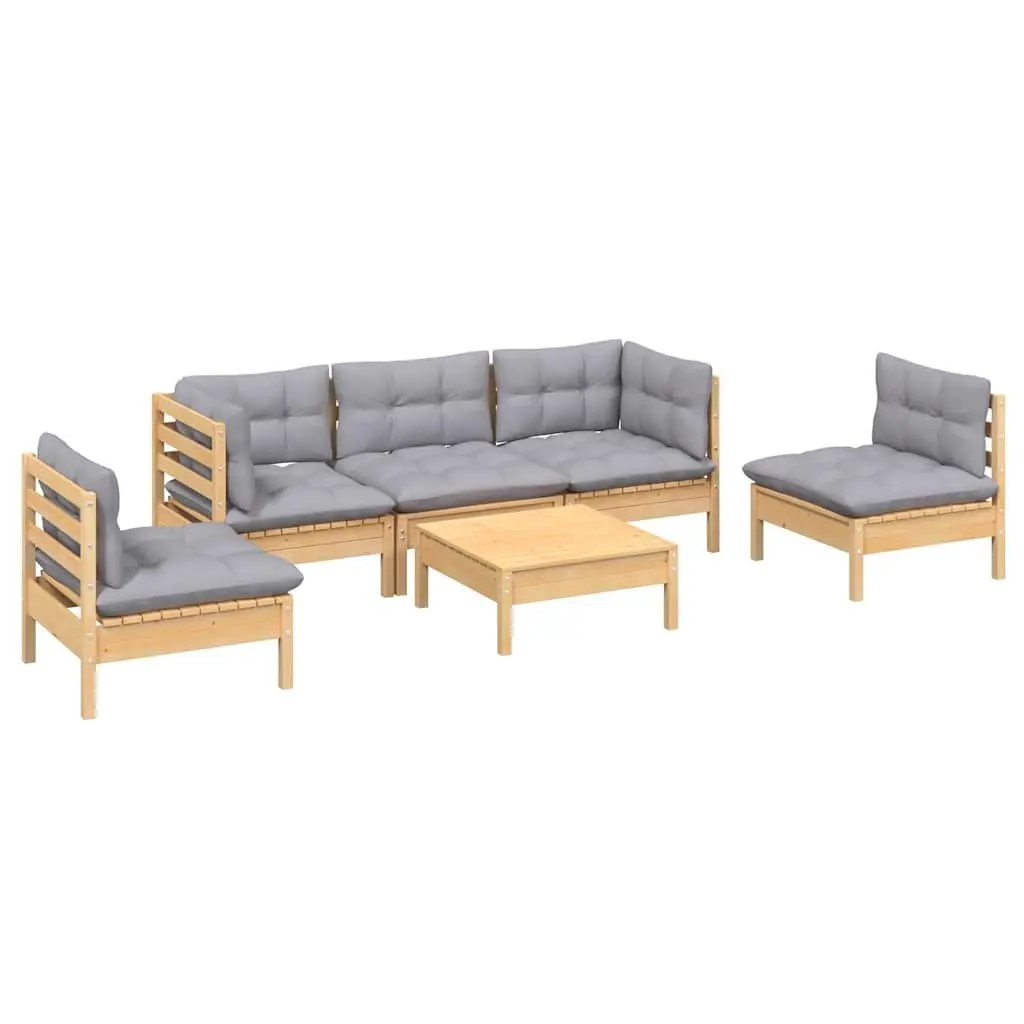 Garden Lounge Set Solid Pinewood 6 Piece Outdoor Patio Furniture with Grey Cushions