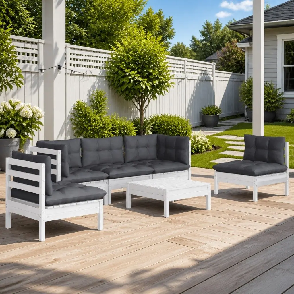 6 Piece Modular Outdoor Furniture Set Solid Pinewood White with Cushions for Garden Lounge