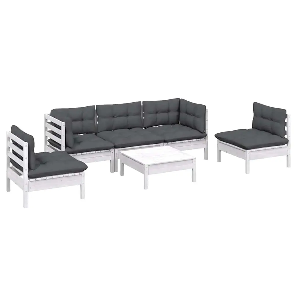 6 Piece Modular Outdoor Furniture Set Solid Pinewood White with Cushions for Garden Lounge
