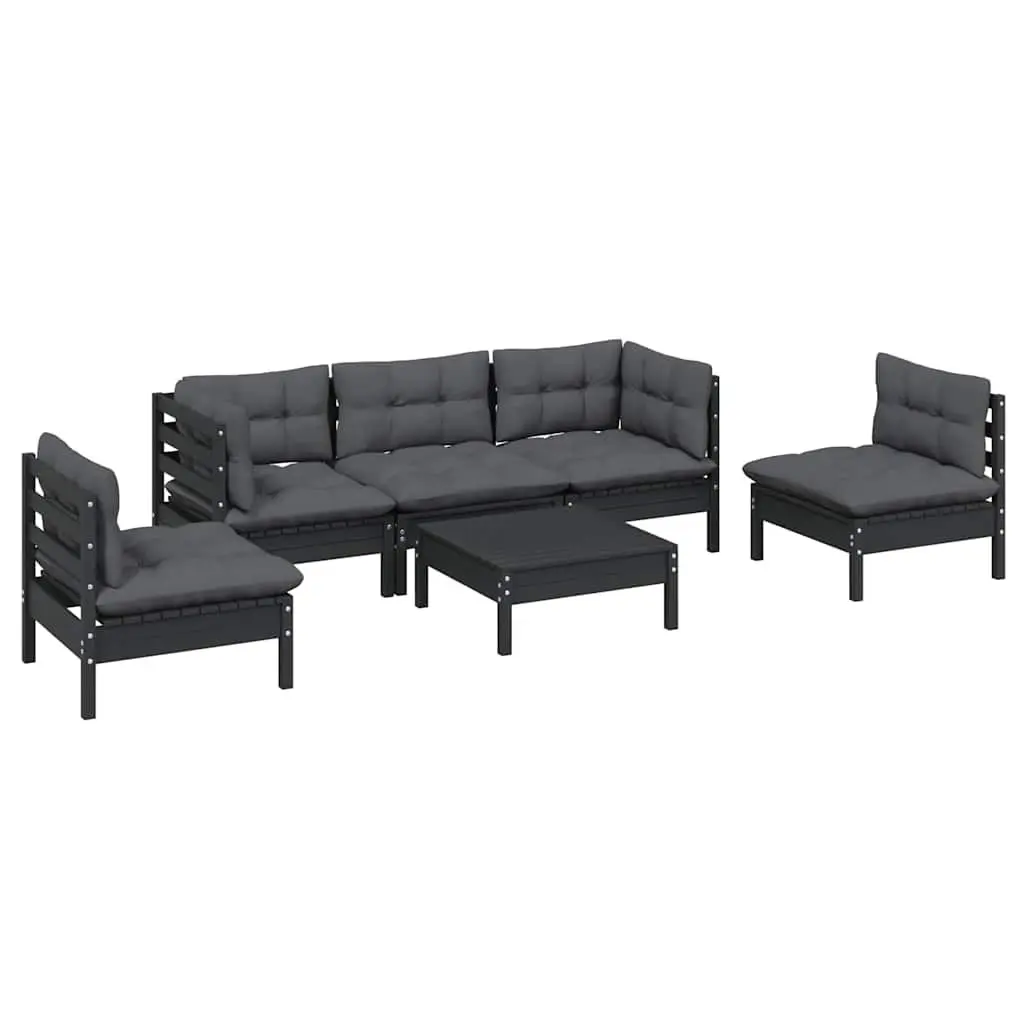 Garden Lounge Set Solid Pinewood 6 Piece Outdoor Patio Furniture with Cushions Black
