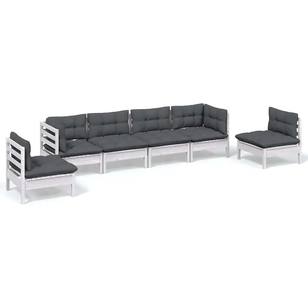 6 Piece Modular Outdoor Furniture Set White Solid Pinewood Garden Lounge with Cushions