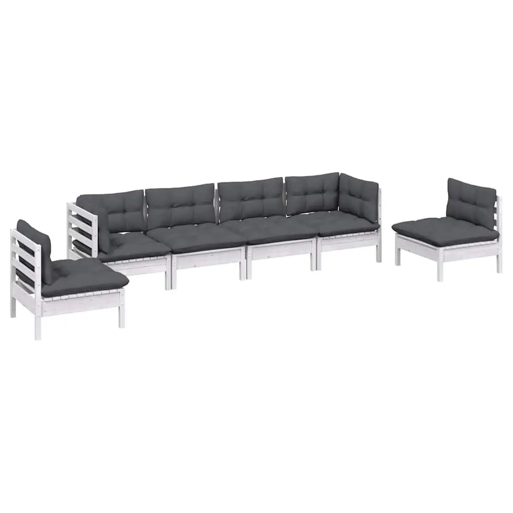 6 Piece Modular Outdoor Furniture Set White Solid Pinewood Garden Lounge with Cushions