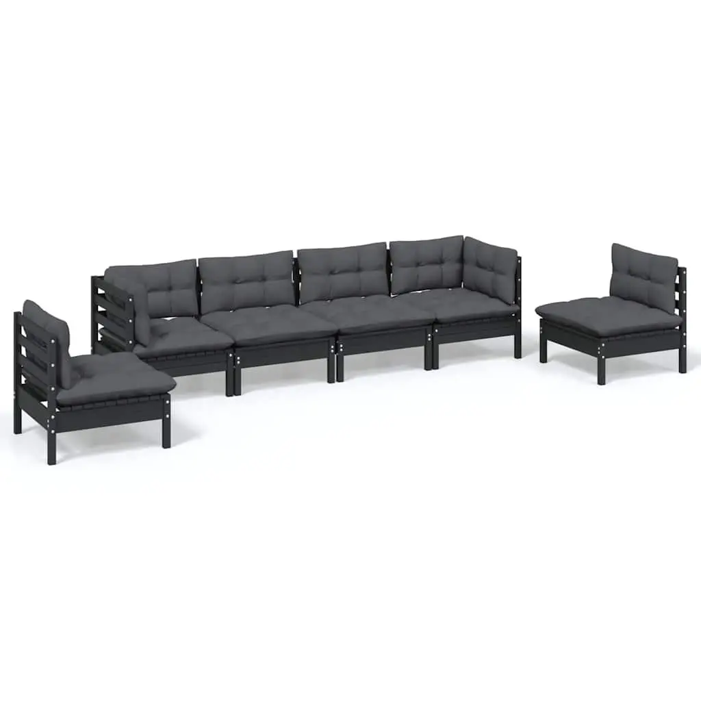 Outdoor Lounge Set 6 Piece Modular Patio Furniture Black Solid Pinewood with Cushions