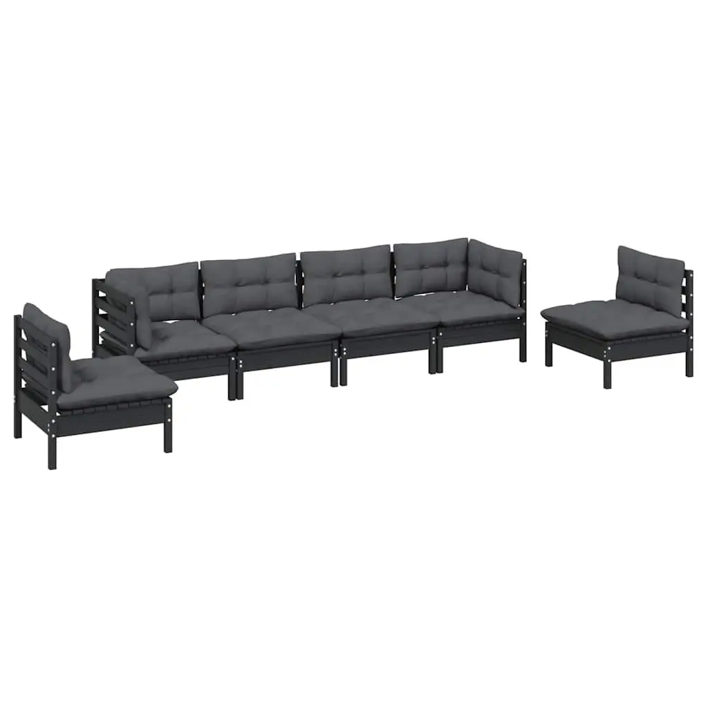 Outdoor Lounge Set 6 Piece Modular Patio Furniture Black Solid Pinewood with Cushions