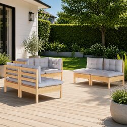 Garden Lounge Set 6 Piece Solid Pinewood Patio Furniture Grey Cushions Modular