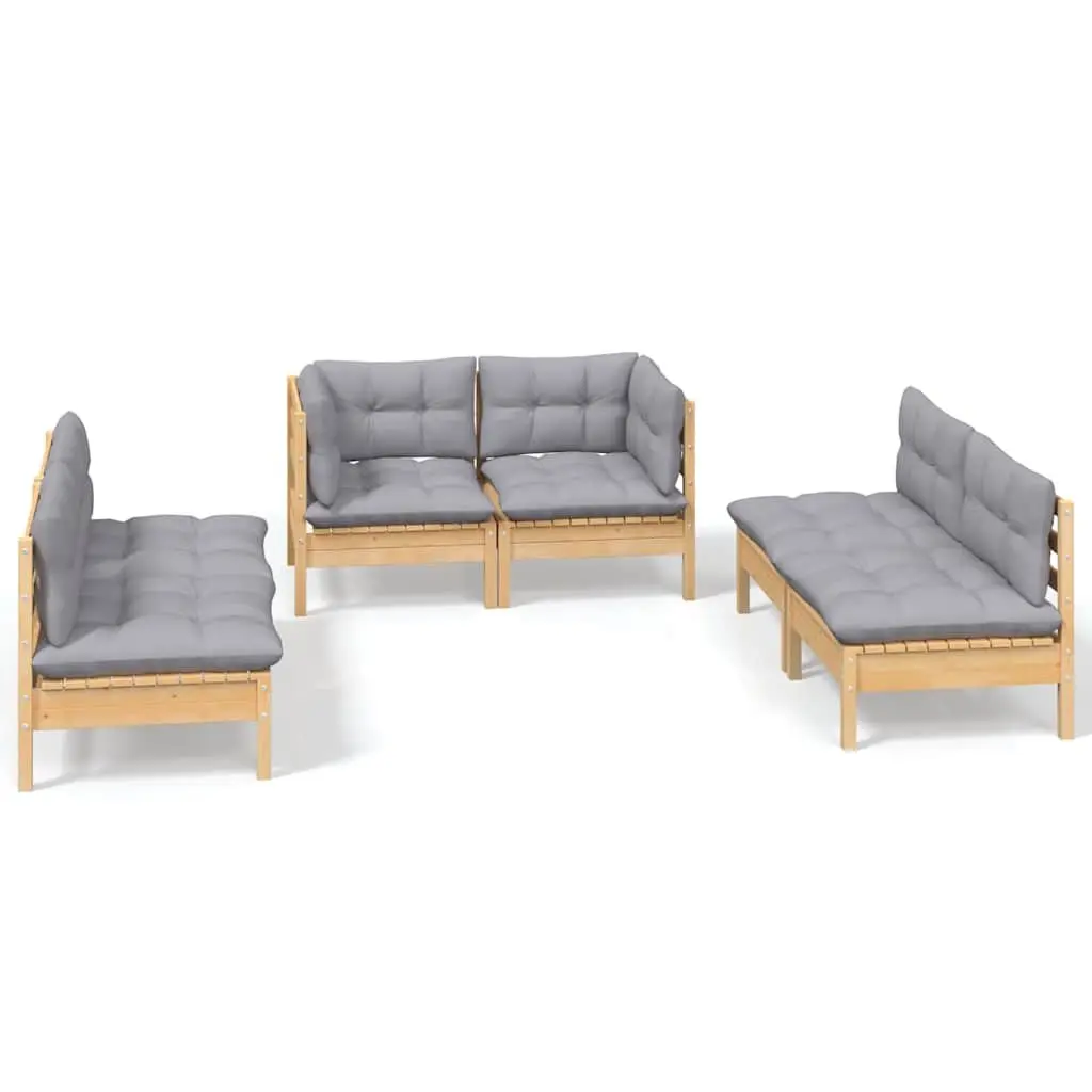 Garden Lounge Set Solid Pinewood 6 Piece Grey Cushions Modular