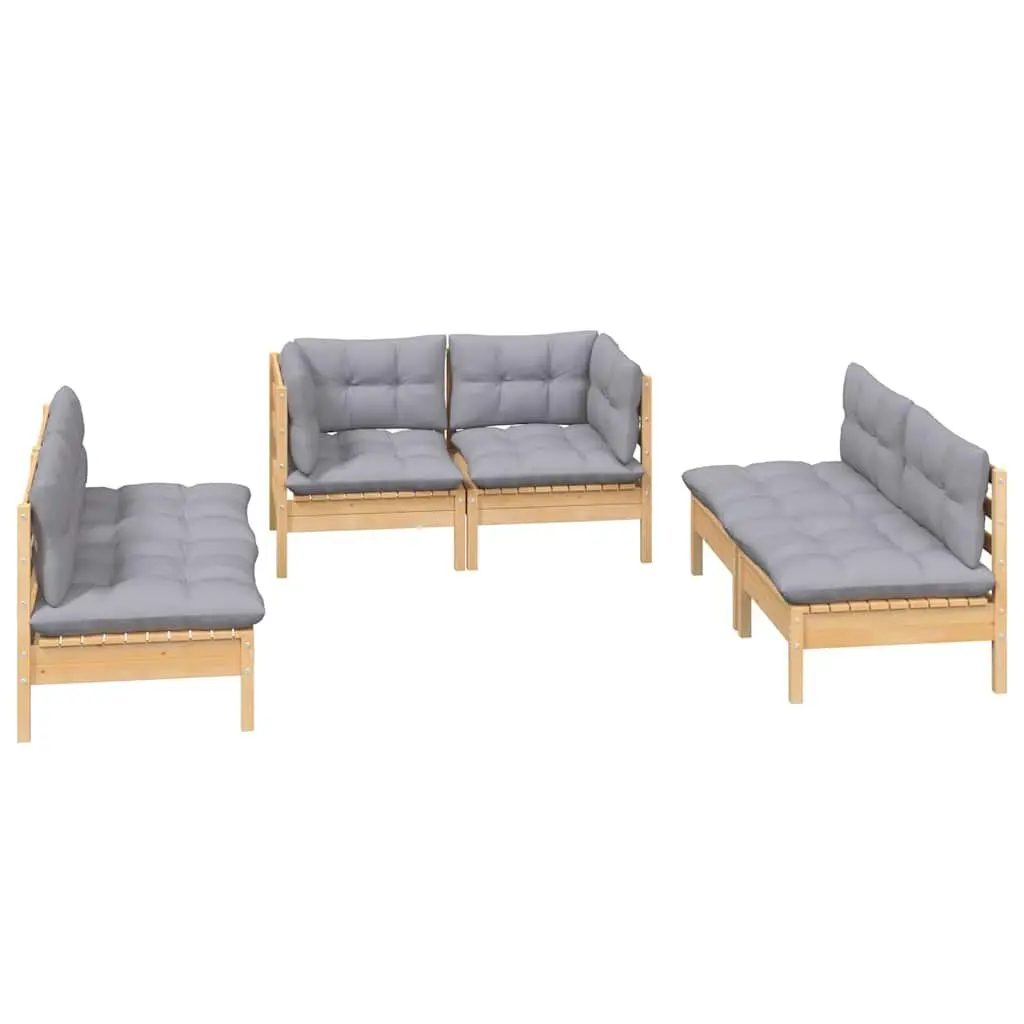 Garden Lounge Set Solid Pinewood 6 Piece Grey Cushions Modular