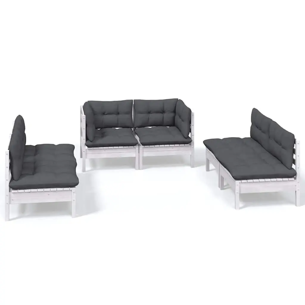 Garden Lounge Set Solid Pinewood Modular 6 Piece White Cushions