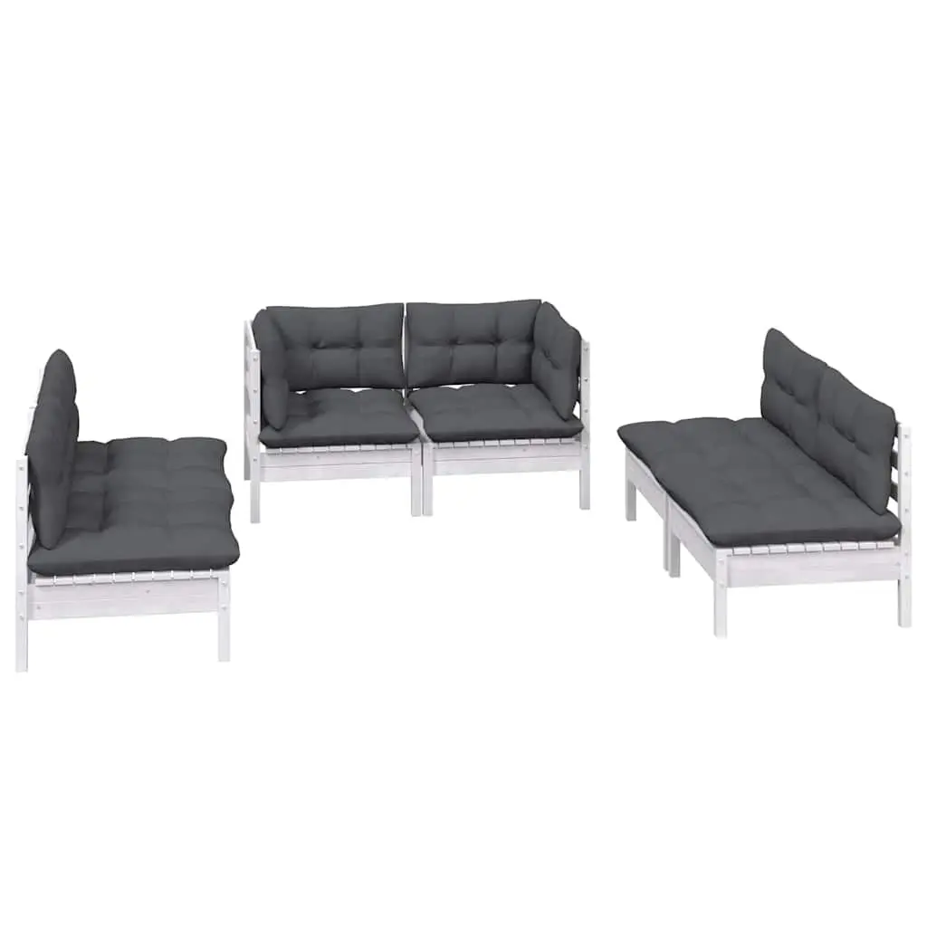 Garden Lounge Set Solid Pinewood Modular 6 Piece White Cushions