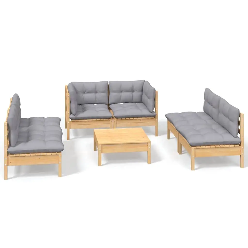 7 Piece Modular Outdoor Patio Furniture Set Pinewood with Grey Cushions for Garden Lounge