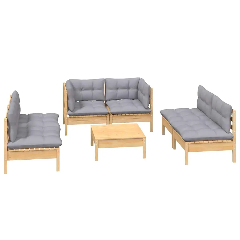 7 Piece Modular Outdoor Patio Furniture Set Pinewood with Grey Cushions for Garden Lounge
