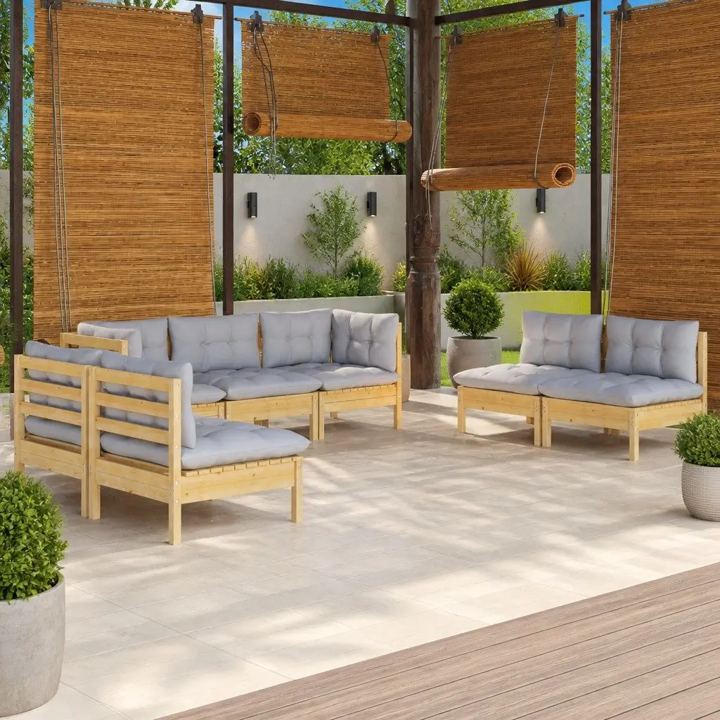 7PieceGardenLoungeSetOutdoorPatioSofaPinewoodFrameWithGreyCushions