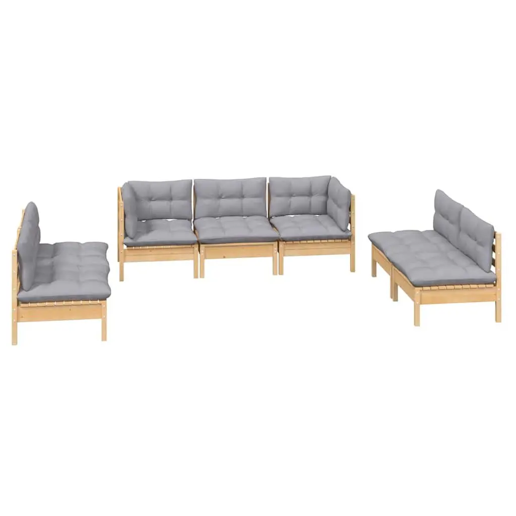 7PieceGardenLoungeSetOutdoorPatioSofaPinewoodFrameWithGreyCushions