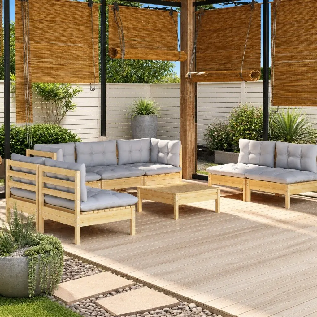 Garden Lounge Set Solid Pinewood 8 Piece Outdoor Patio Furniture Grey Cushions Modular