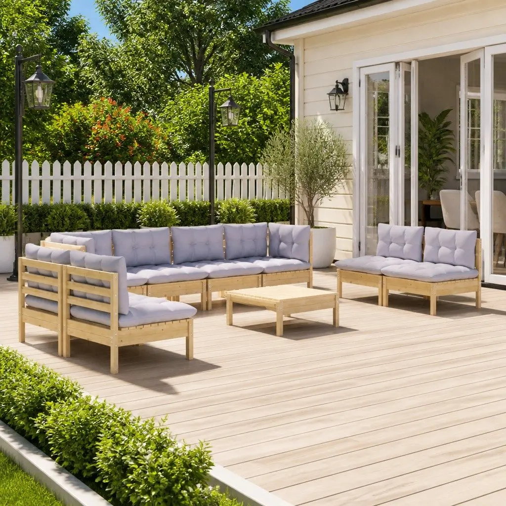 9 Piece Garden Lounge Set Solid Pinewood Grey Cushions Outdoor Patio Furniture