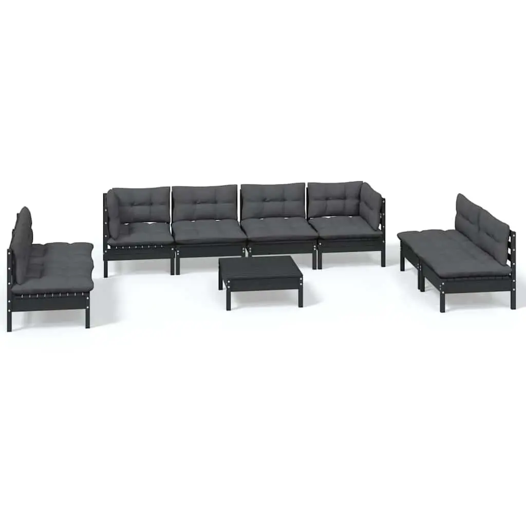 Outdoor Furniture Set Modular 9 Piece Patio Lounge Black Solid Pinewood with Cushions