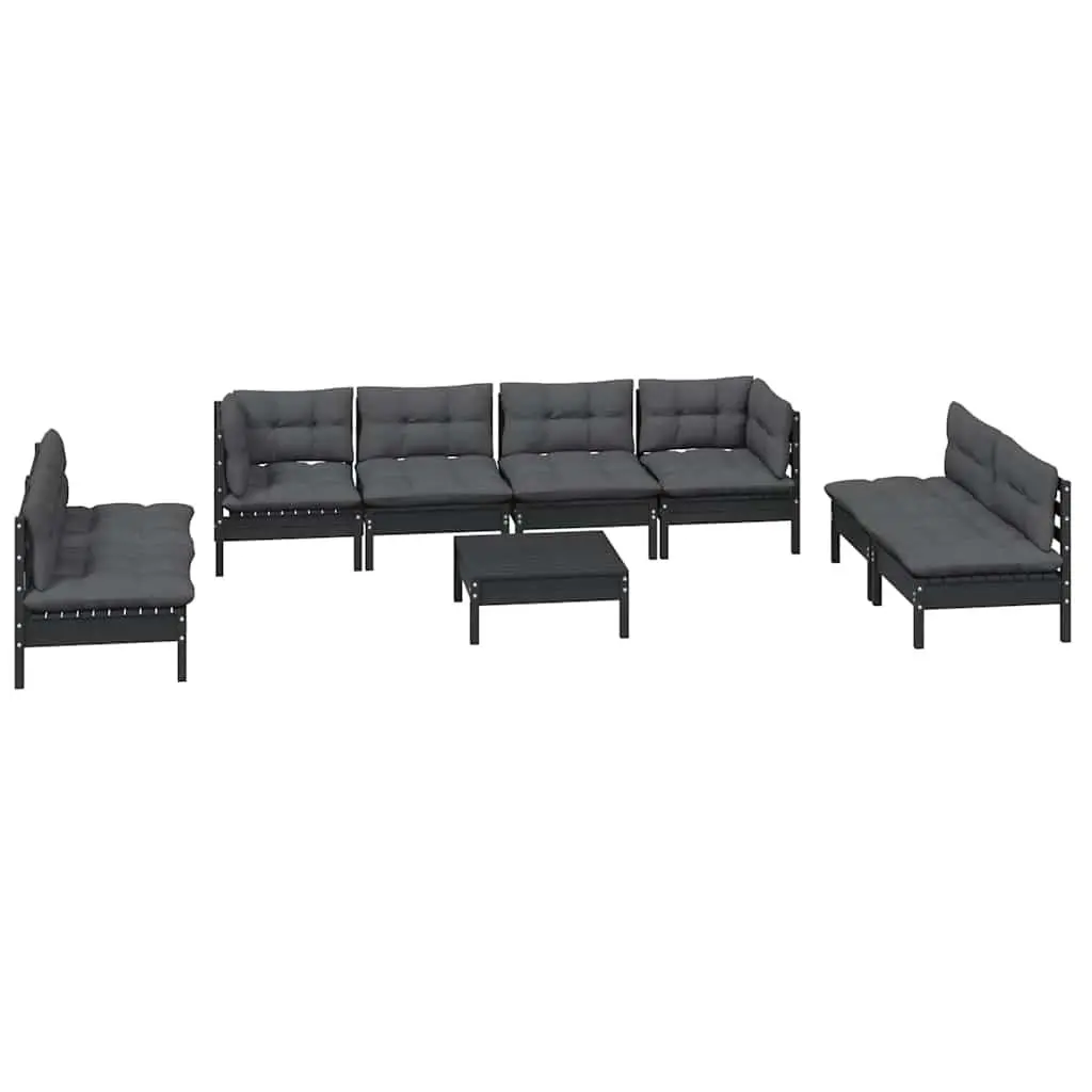 Outdoor Furniture Set Modular 9 Piece Patio Lounge Black Solid Pinewood with Cushions