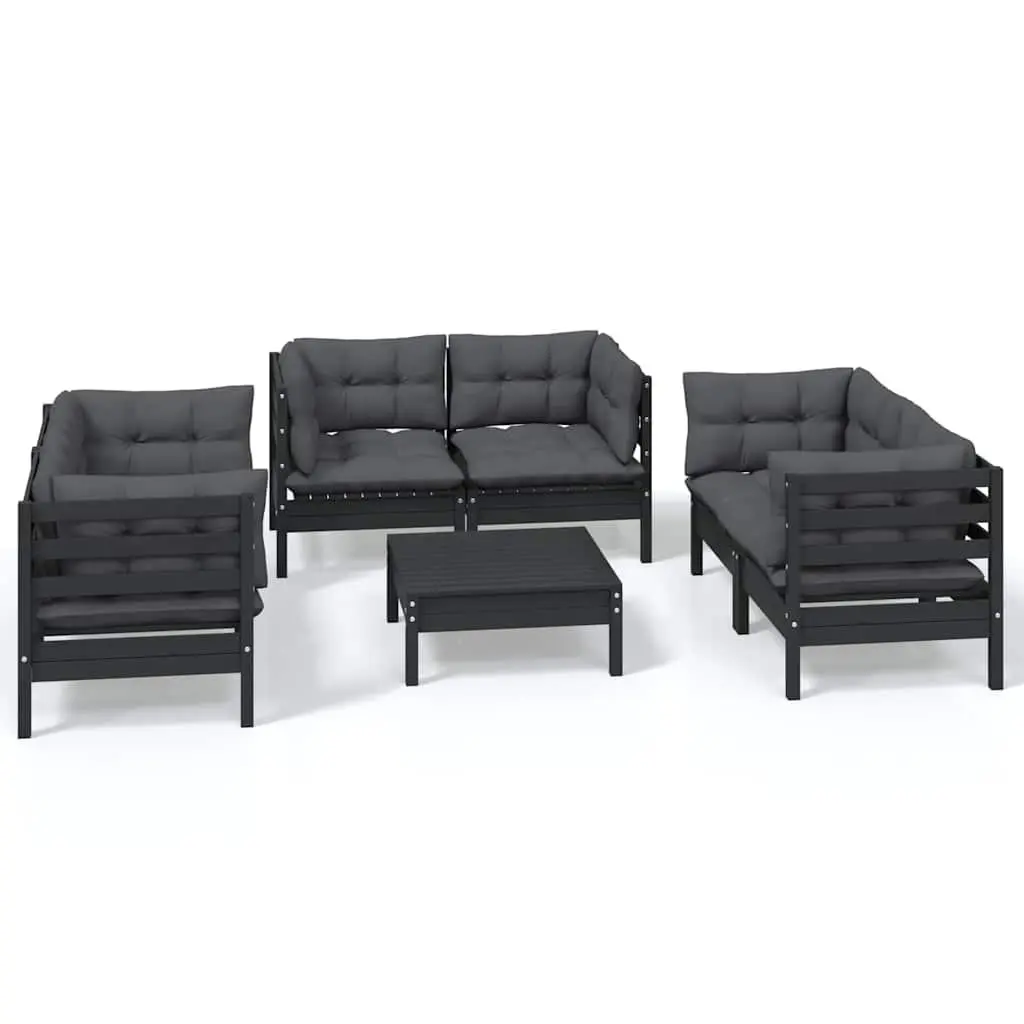 7 Piece Garden Lounge Set Solid Pinewood Modular Outdoor Patio Furniture Black with Cushions