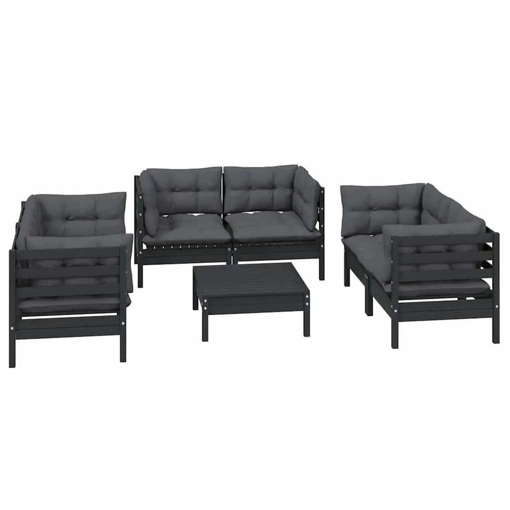 7 Piece Garden Lounge Set Solid Pinewood Modular Outdoor Patio Furniture Black with Cushions