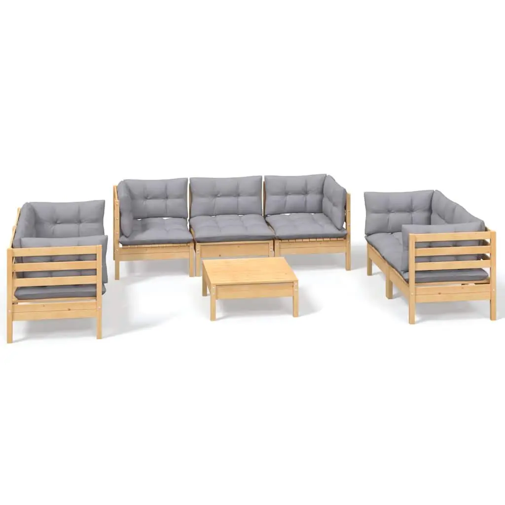 Garden Lounge Set Solid Pinewood 8 Piece Modular Outdoor Furniture Grey Cushions