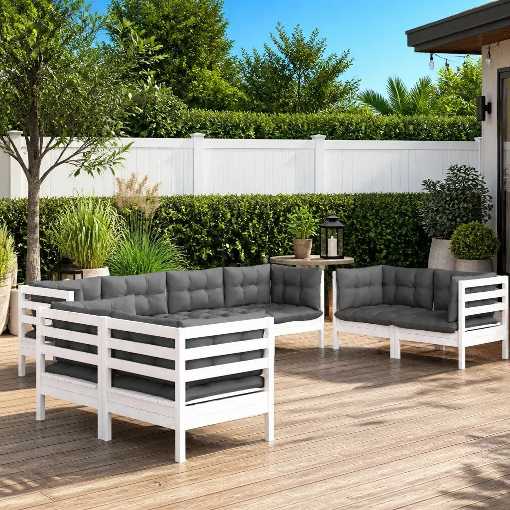 8 Piece Outdoor Lounge Set Solid Pinewood White Modular Garden Furniture with Cushions