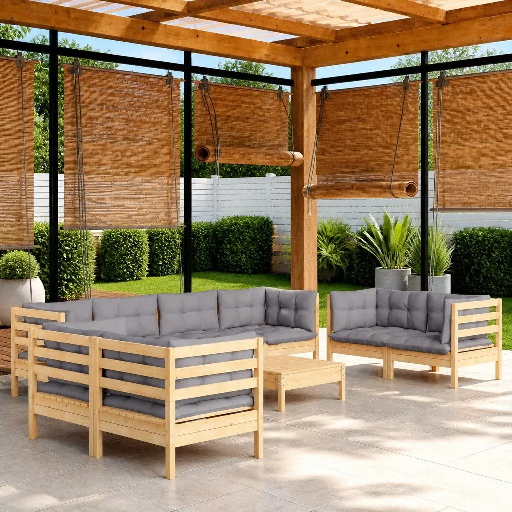 Garden Lounge Set Solid Pinewood 9 Piece Modular Sofa Grey Cushions