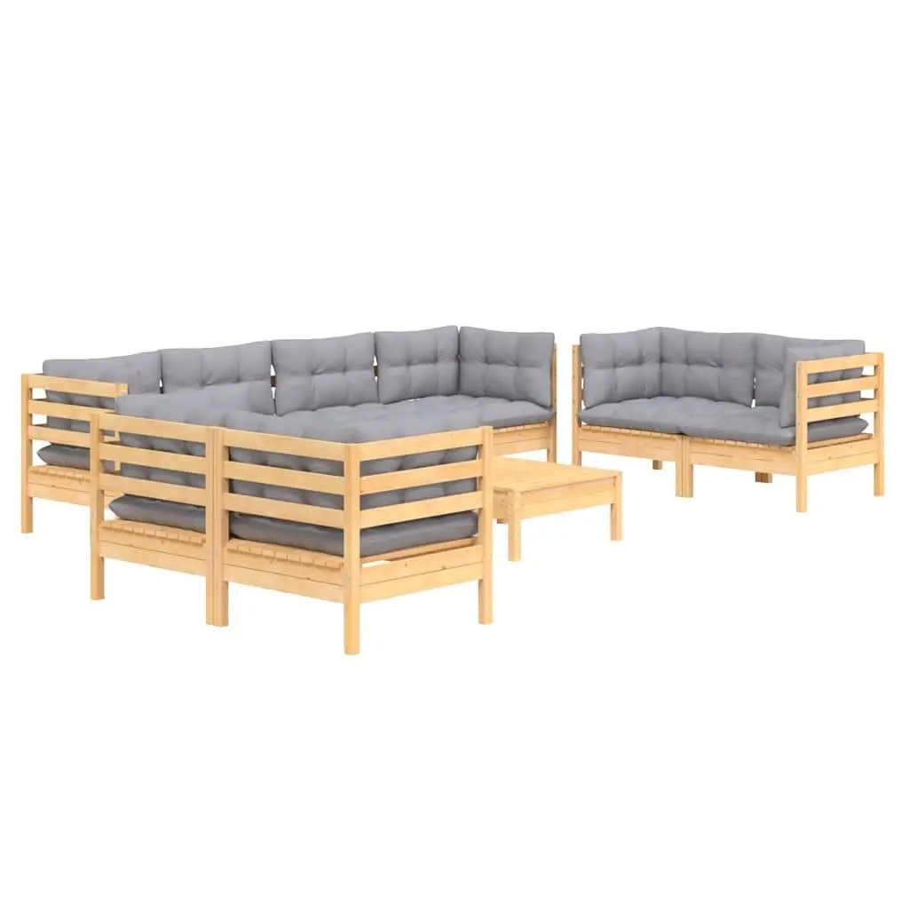 Garden Lounge Set Solid Pinewood 9 Piece Modular Sofa Grey Cushions