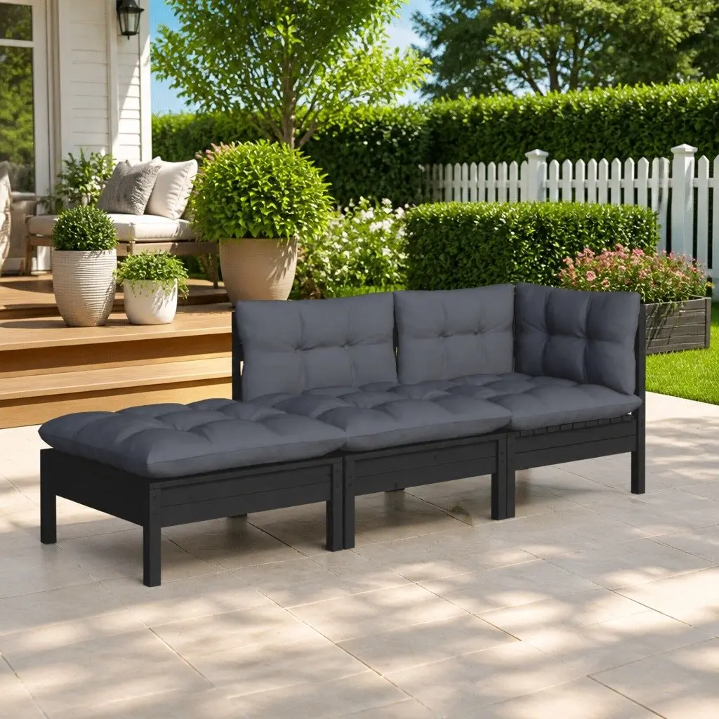 Garden Lounge Set Solid Pinewood 3 Piece Outdoor Patio Furniture Black with Cushions
