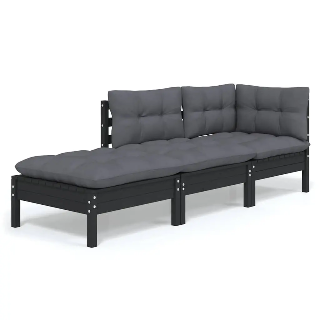 Garden Lounge Set Solid Pinewood 3 Piece Outdoor Patio Furniture Black with Cushions