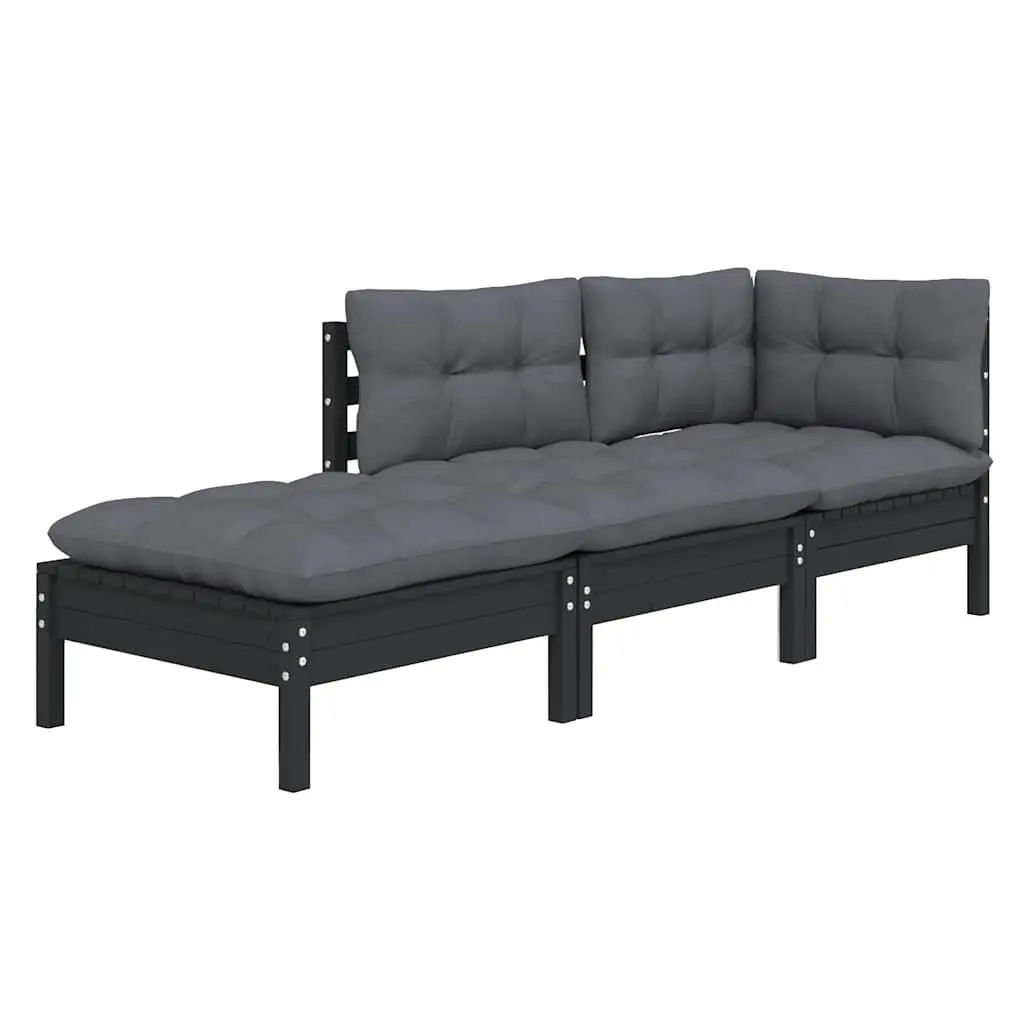 Garden Lounge Set Solid Pinewood 3 Piece Outdoor Patio Furniture Black with Cushions