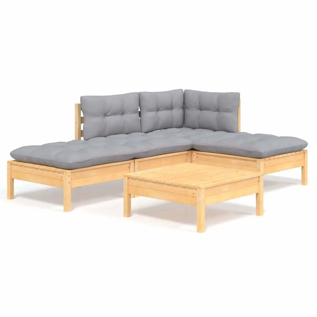 5 Piece Modular Garden Lounge Set Solid Pinewood with Grey Cushions