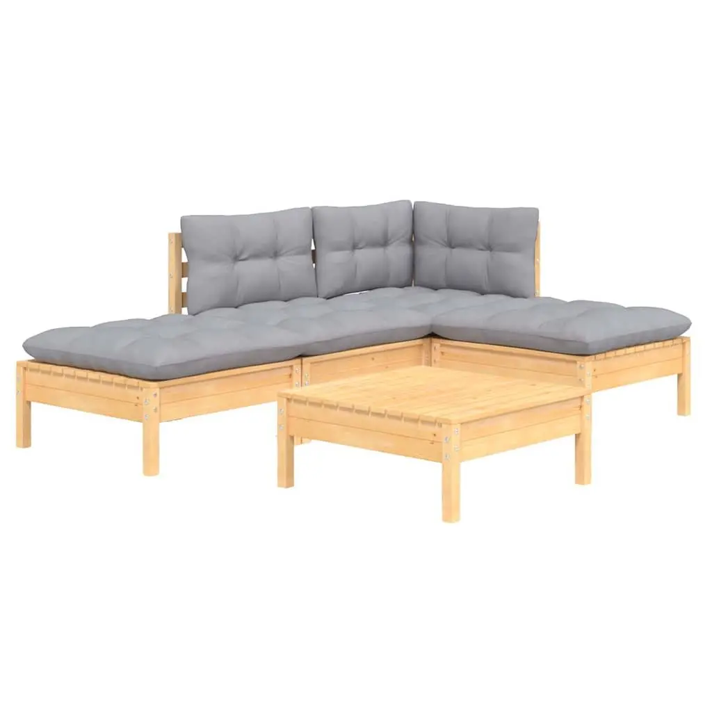 5 Piece Modular Garden Lounge Set Solid Pinewood with Grey Cushions
