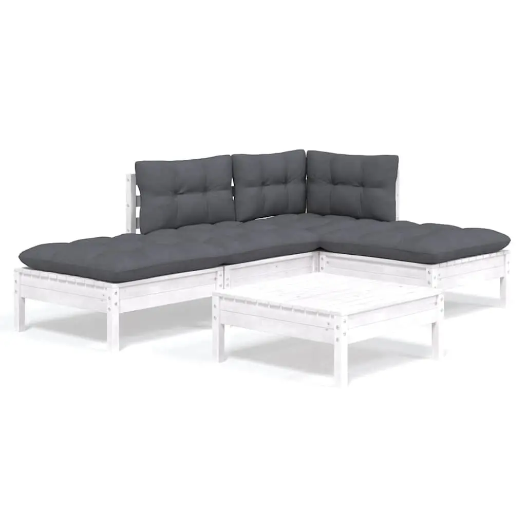 5PieceModularGardenLoungeSetWhitePinewoodOutdoorFurniturewithCushionsPatio