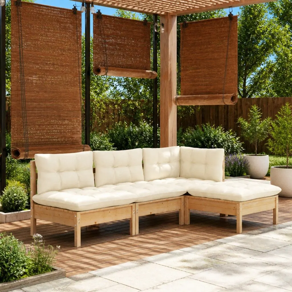 4 Piece Outdoor Garden Lounge Set Pinewood Furniture with Cream Cushions