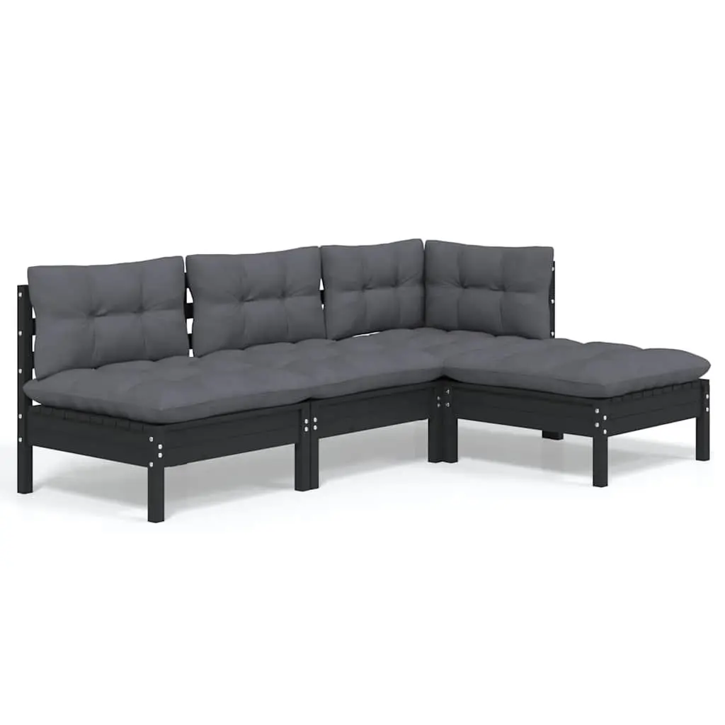 Garden Lounge Set Solid Pinewood 4 Piece Black Patio Furniture with Cushions Outdoor