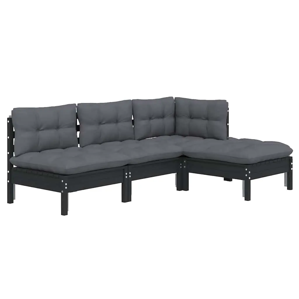 Garden Lounge Set Solid Pinewood 4 Piece Black Patio Furniture with Cushions Outdoor