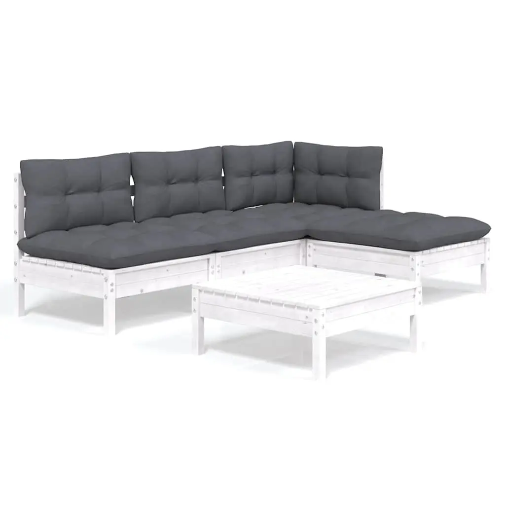 Garden Lounge Set 5 Piece White Pinewood Patio Furniture with Cushions Modular
