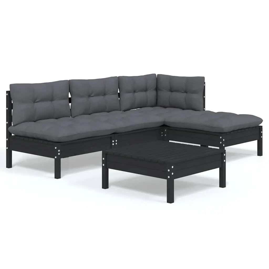 5 Piece Modular Outdoor Furniture Set Black Pinewood Garden Lounge with Cushions