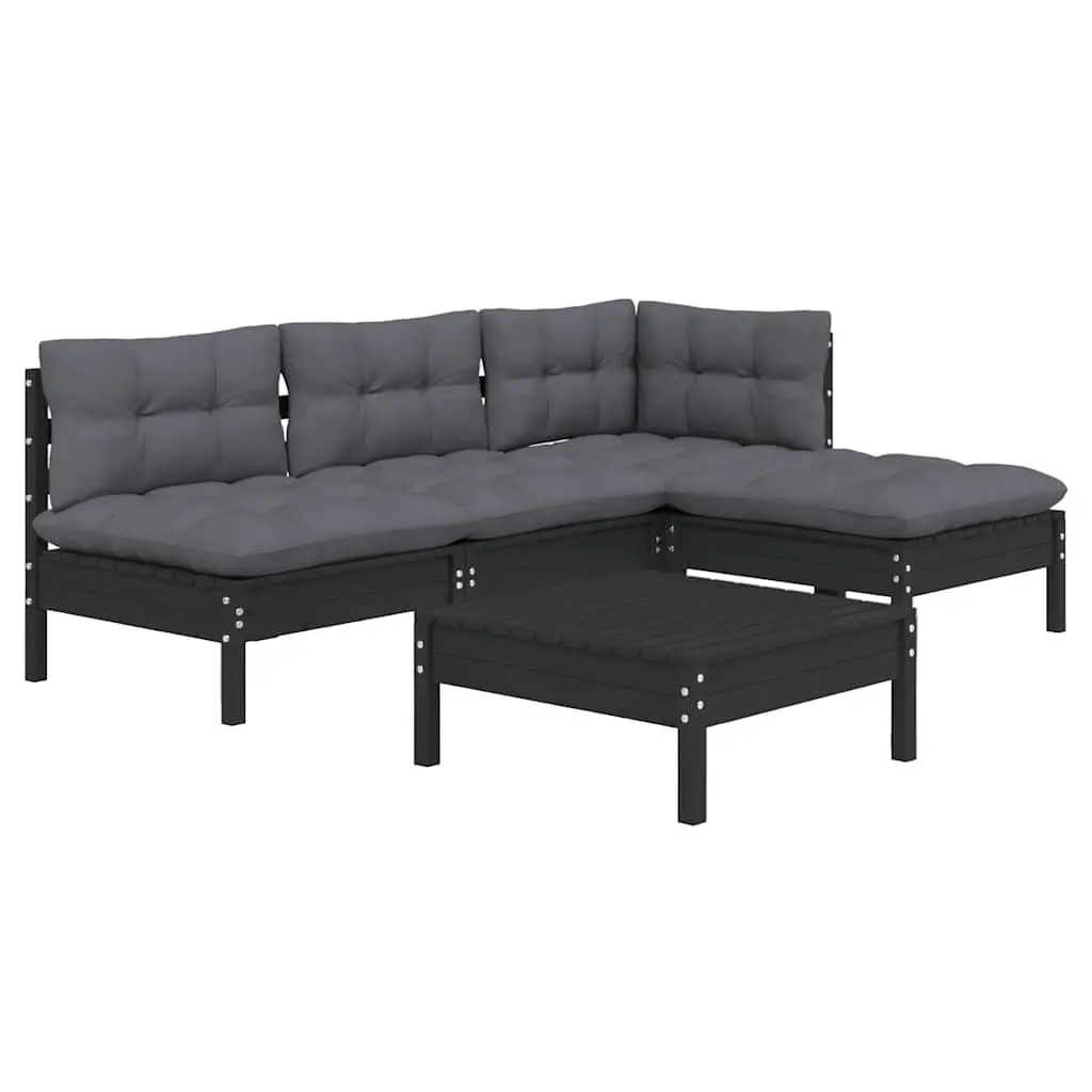 5 Piece Modular Outdoor Furniture Set Black Pinewood Garden Lounge with Cushions