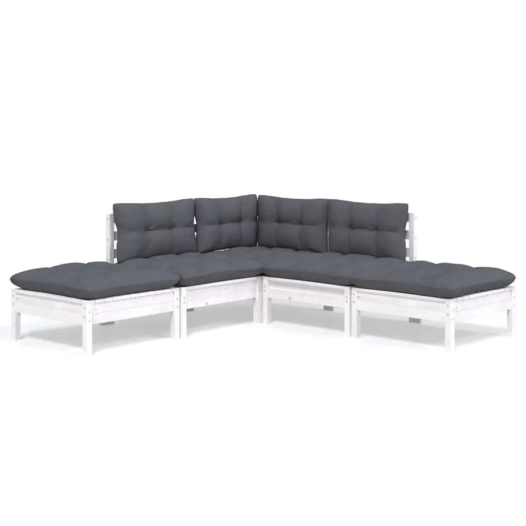 5 Piece Garden Lounge Set Solid Pinewood White with Cushions