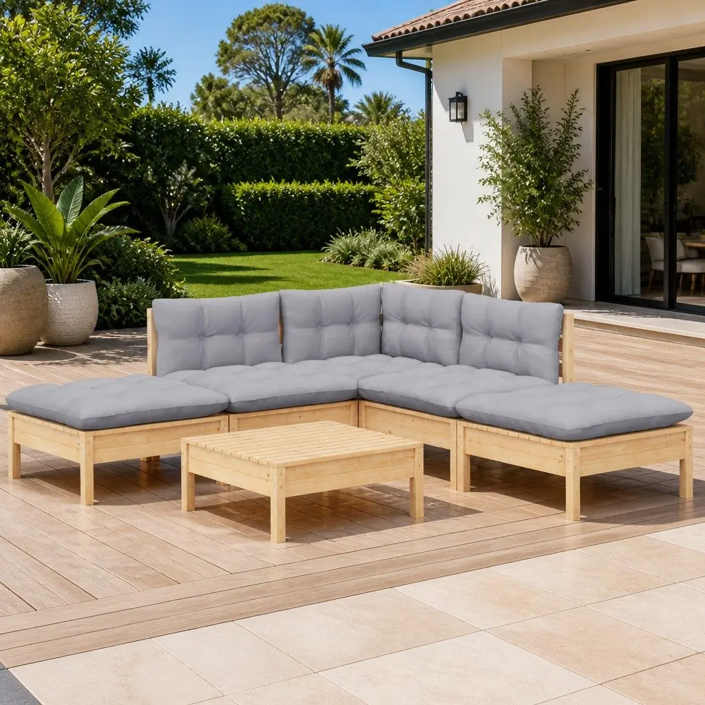 Garden Lounge Set Solid Pinewood 6 Piece Modular Grey Cushions