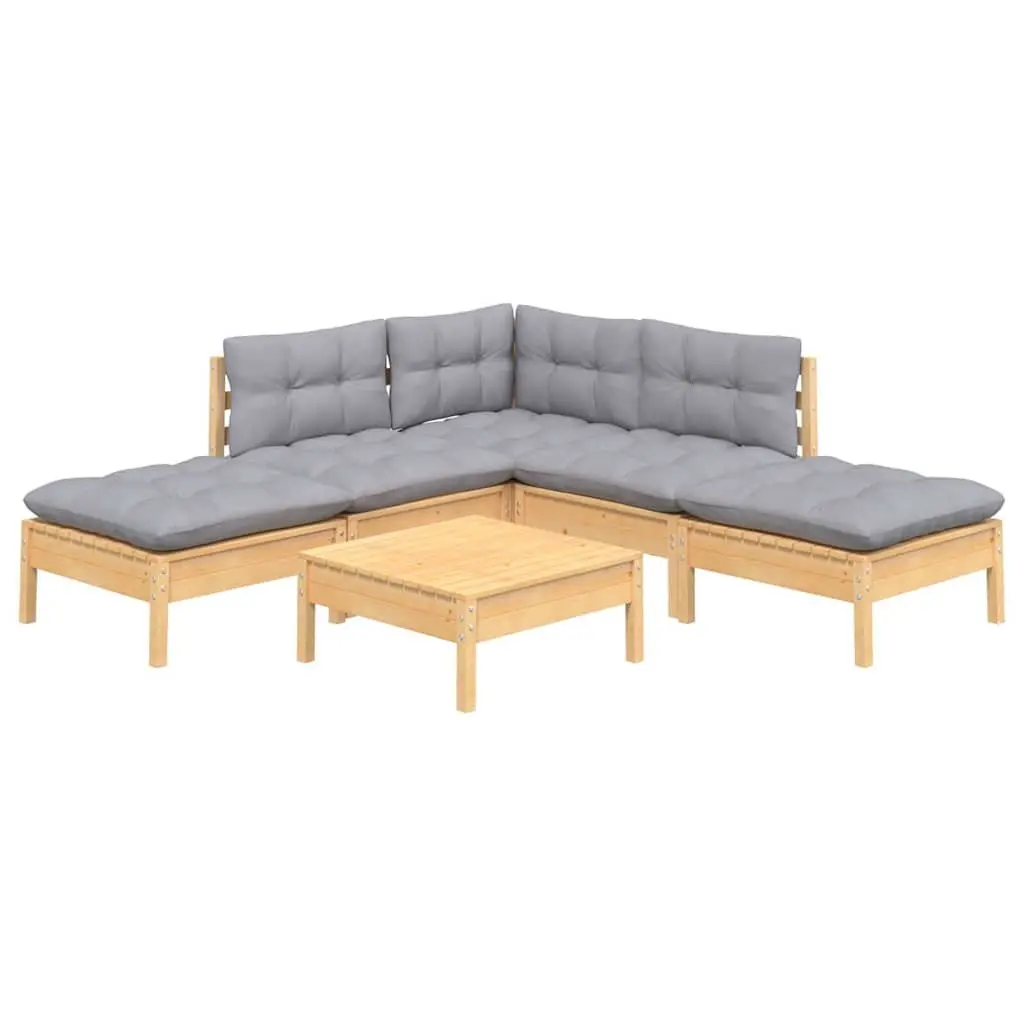 Garden Lounge Set Solid Pinewood 6 Piece Modular Grey Cushions