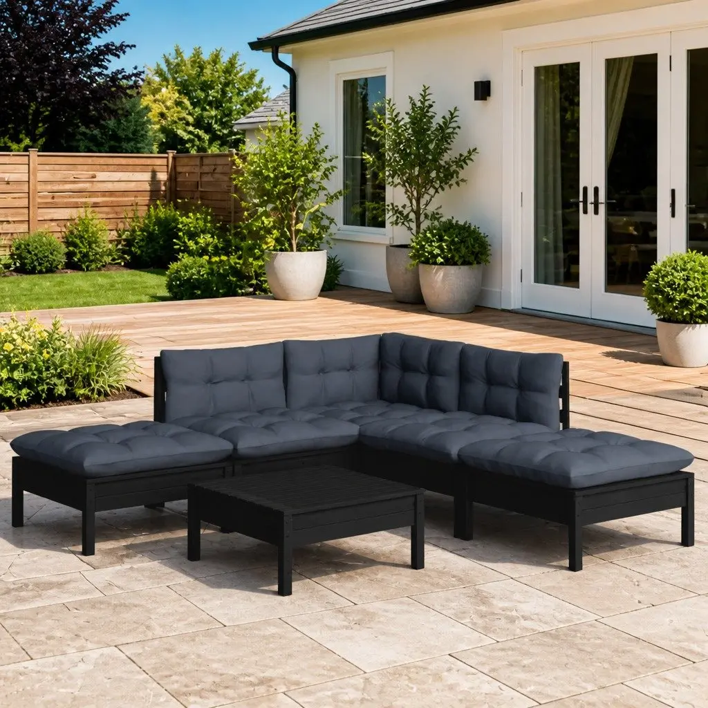 Garden Lounge Set Solid Pinewood 6 Piece Black Outdoor Furniture with Cushions