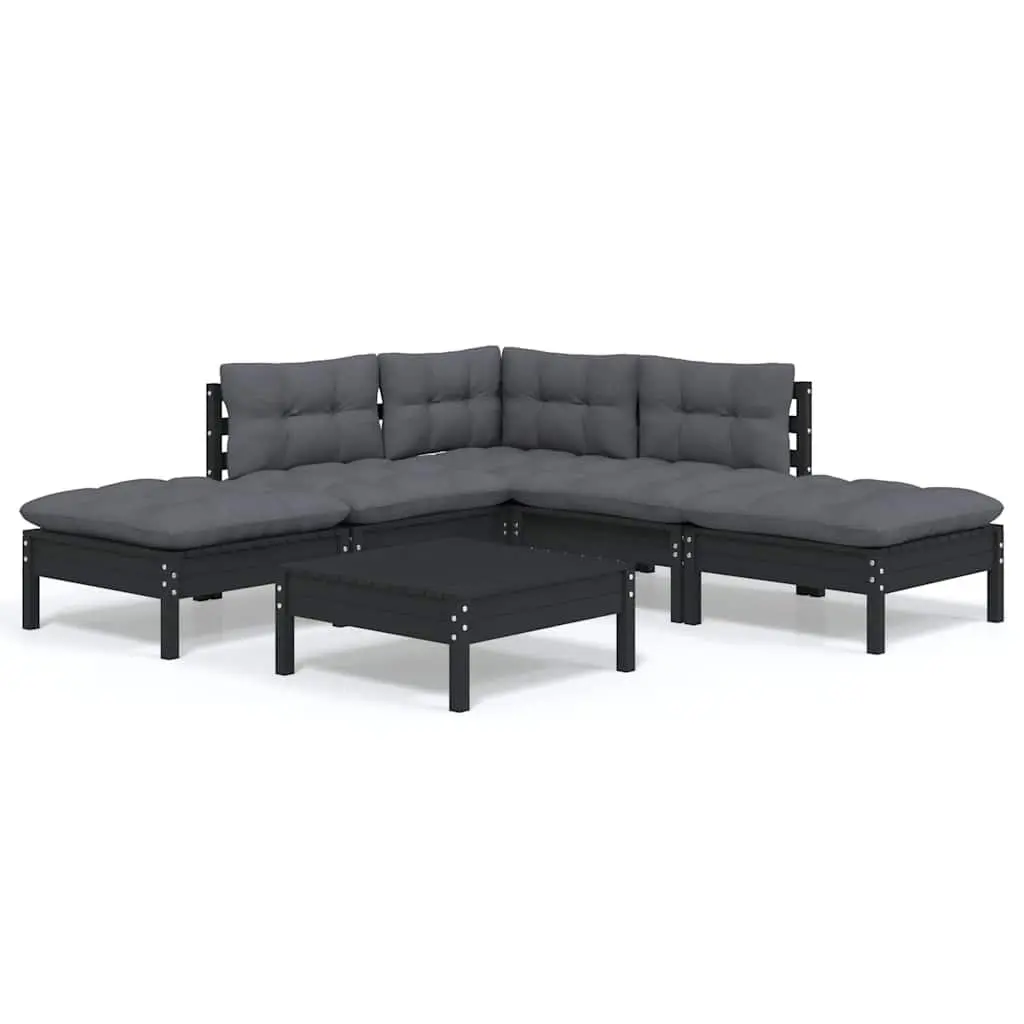 Garden Lounge Set Solid Pinewood 6 Piece Black Outdoor Furniture with Cushions