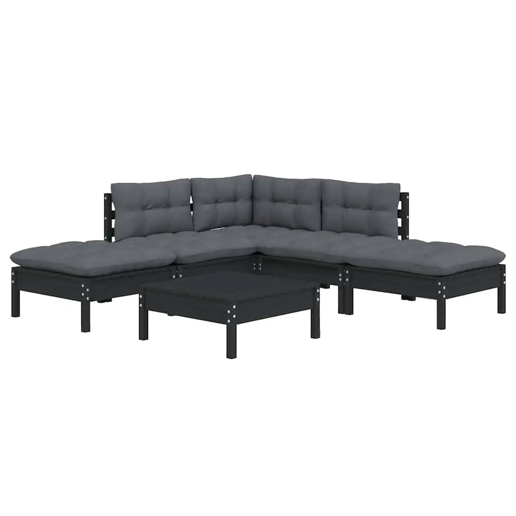 Garden Lounge Set Solid Pinewood 6 Piece Black Outdoor Furniture with Cushions